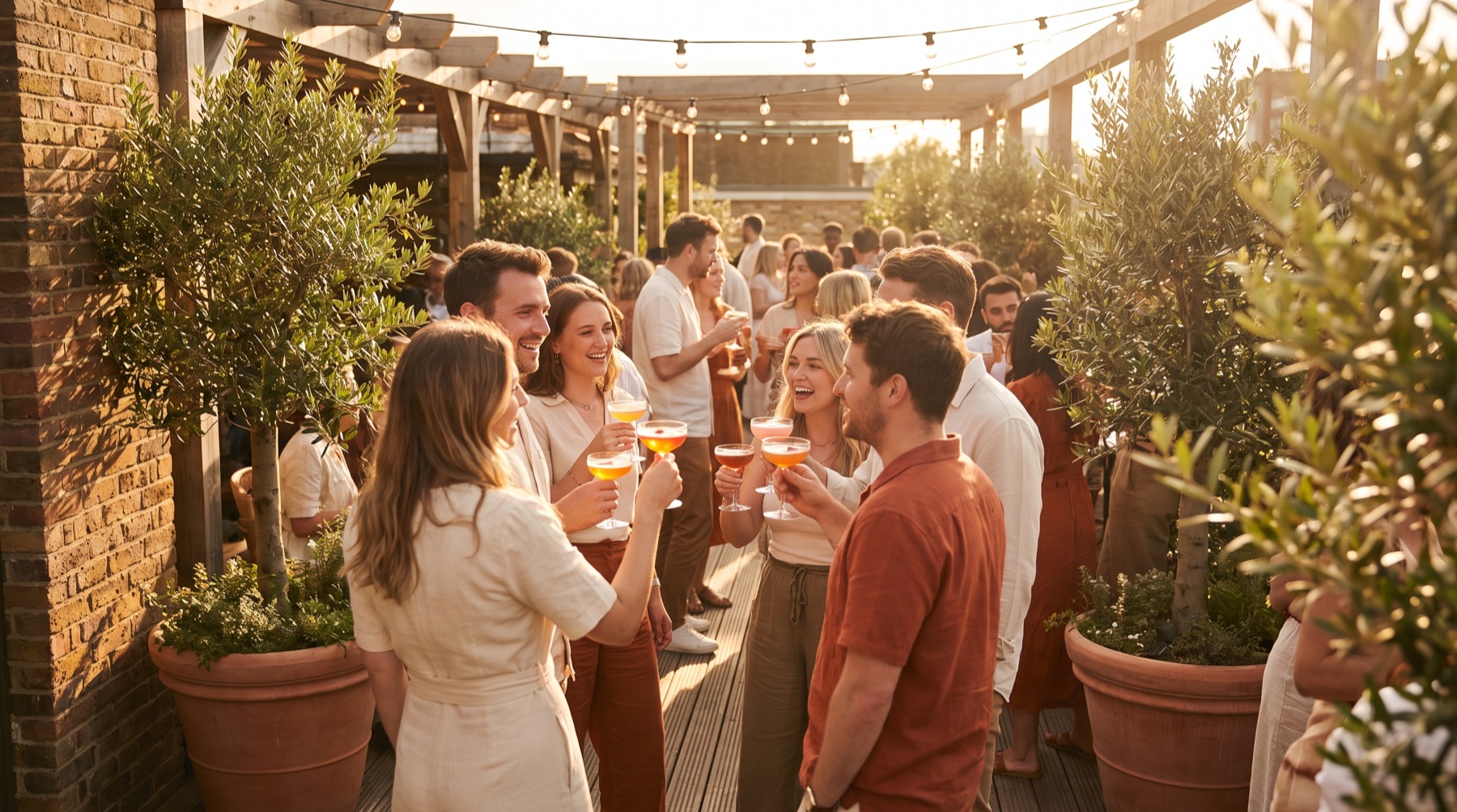 Golden-hour rooftop party toasting Sprizzini spritz