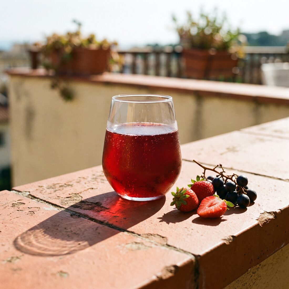 A Strawberry Sbagliato on a terracotta balcony ledge among potted plants